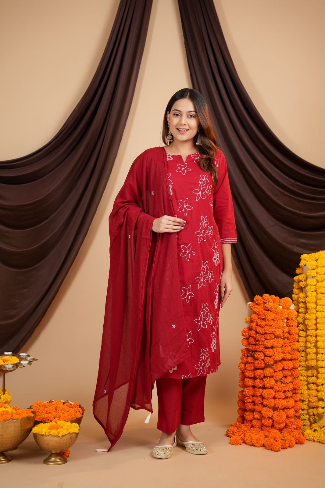 Red Cotton Embroidered Khadi Suit Set